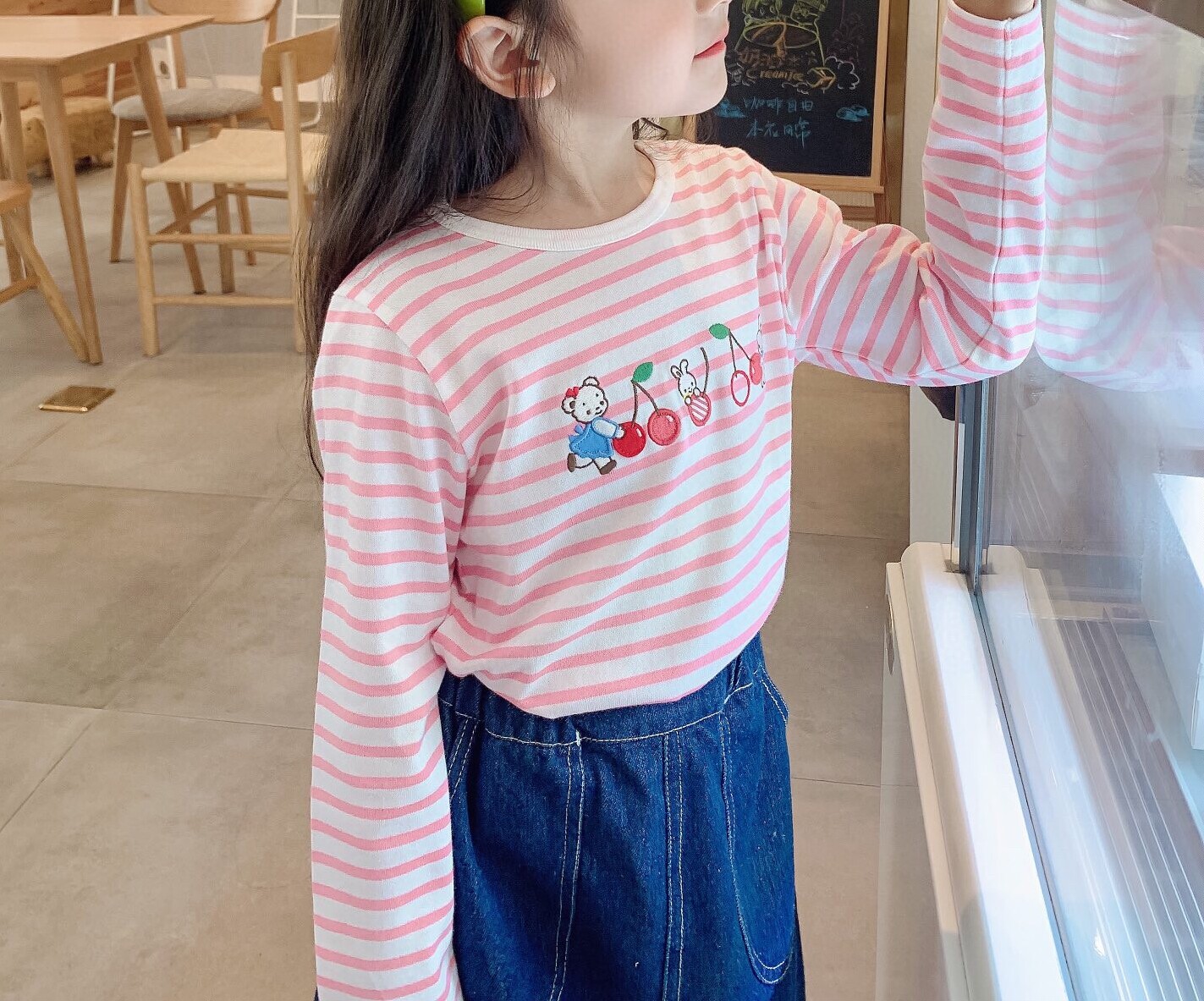 Pure cotton long-sleeved striped exquisite embroidery cherry bunny F Japanese pink T-shirt 22 years autumn and winter new products for girls and children