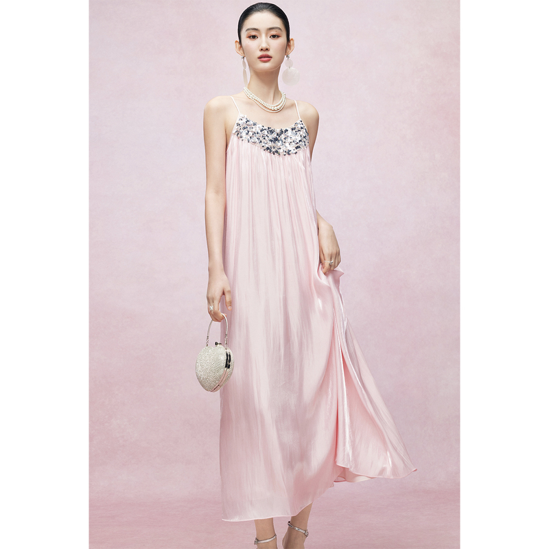 Mandyzhang Romantic Sparkling Sequin Pleated Pink Suspender Dress for Women Summer Elegant Flowing Satin Long Dress