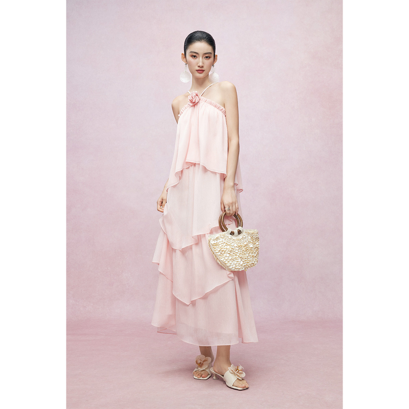 Mandyzhang Gentle French Rose Pink Halter Neck Dress for Women, Summer Design, Elegant Tiered Dress Mandyzhang Gentle French Rose Pink Halter Neck Dress for Women, Summer Design, Elegant Tiered Dress