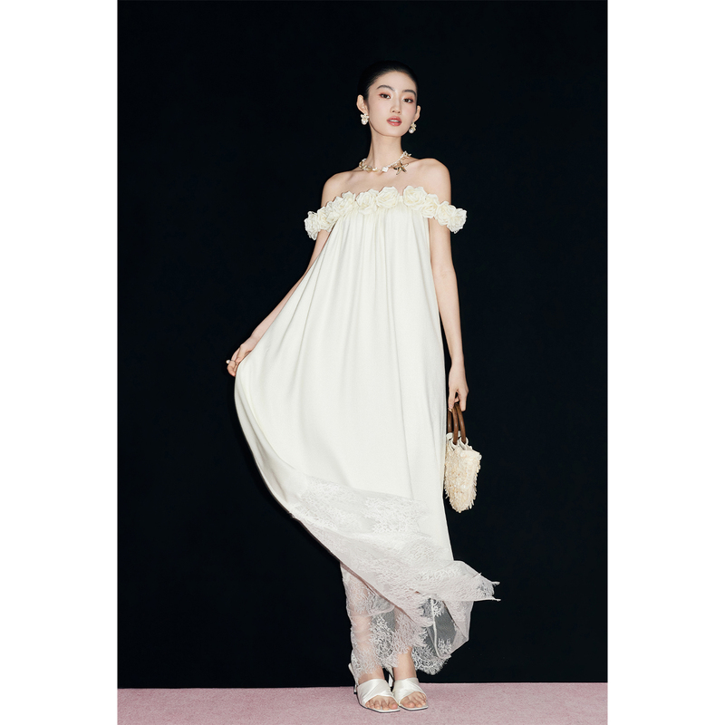 Mandyzhang White Moonlight Handmade Rose One-Shoulder Dress Women's Summer Design Lace Patchwork Long Dress Mandyzhang White Moonlight Handmade Rose One-Shoulder Dress Women's Summer Design Lace Patchwork Long Dress