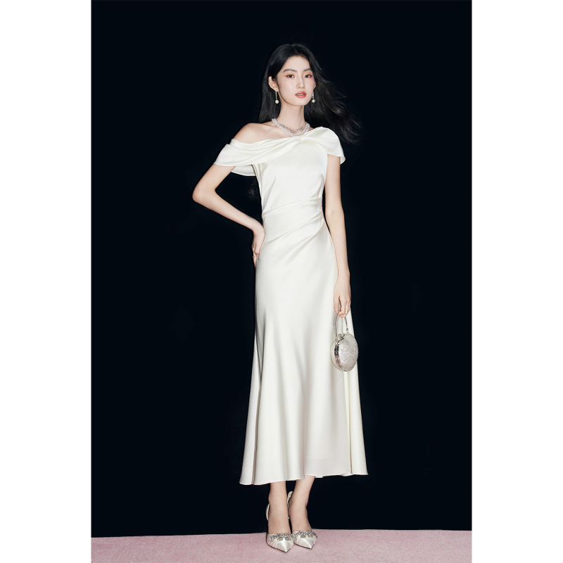 Mandyzhang's Daughter's Flowing Satin White Off-Shoulder Dress, Women's Summer Elegant Bow Dress, Long Dress Mandyzhang's Daughter's Flowing Satin White Off-Shoulder Dress, Women's Summer Elegant Bow Dress, Long Dress
