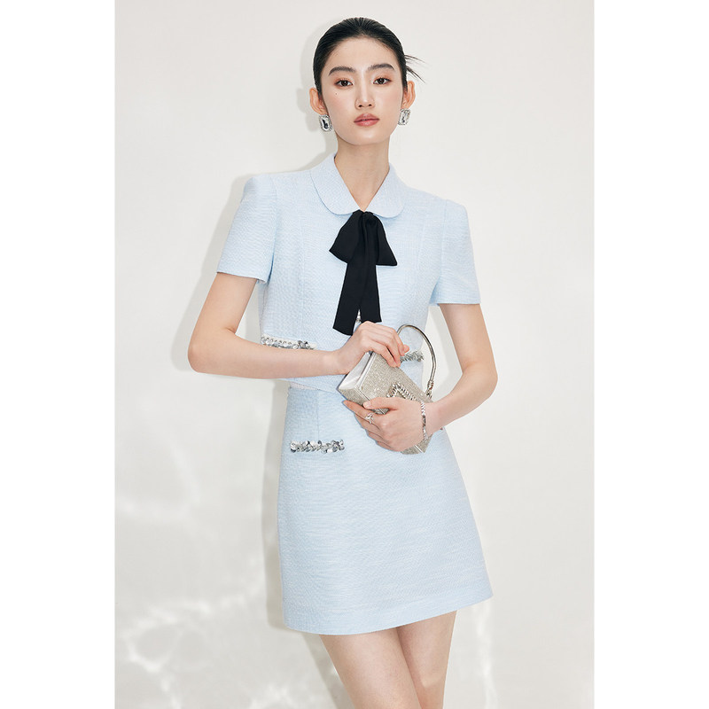 【Exclusive for Xinyi Fans】 “Ko Ying's Same Style” Blue Luxury Rhinestone-Embellished Chanel-Style Suit Dress