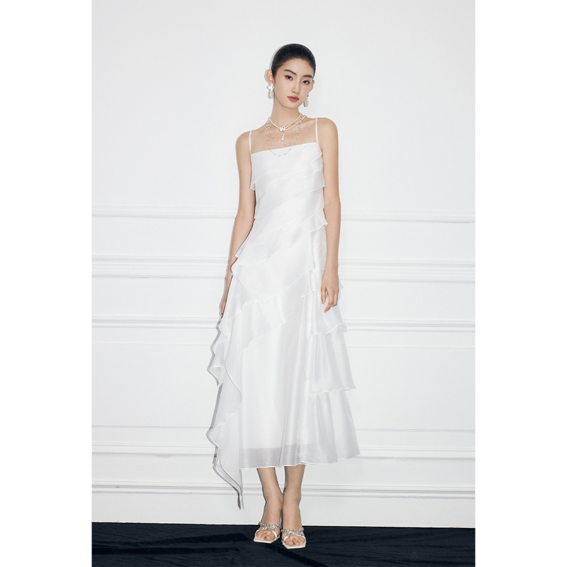 Mandyzhang's "Oblique White Moonlight" French Ruffled Strap Dress, Women's Designer Long Dress Mandyzhang's "Oblique White Moonlight" French Ruffled Strap Dress, Women's Designer Long Dress