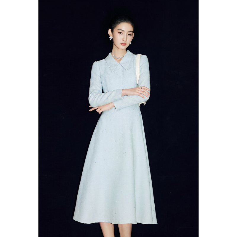 Mandyzhang Elegant Ladylike Blue Chanel-Style Long-Sleeve Dress for Women, Summer High-End Waist-Cinching Long Dress Mandyzhang Elegant Ladylike Blue Chanel-Style Long-Sleeve Dress for Women, Summer High-End Waist-Cinching Long Dress
