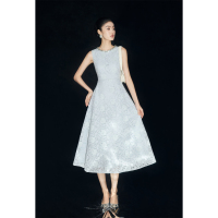 MandyZhang floating flower shadow heavy industry beaded blue lace sleeveless dress women's design dress long skirt