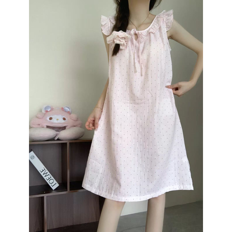 Mi Miao's Sweet Pink Polka Dot Sleeveless Nightgown for Women, Summer Ruffled Lace-Up Home Wear for Girls
