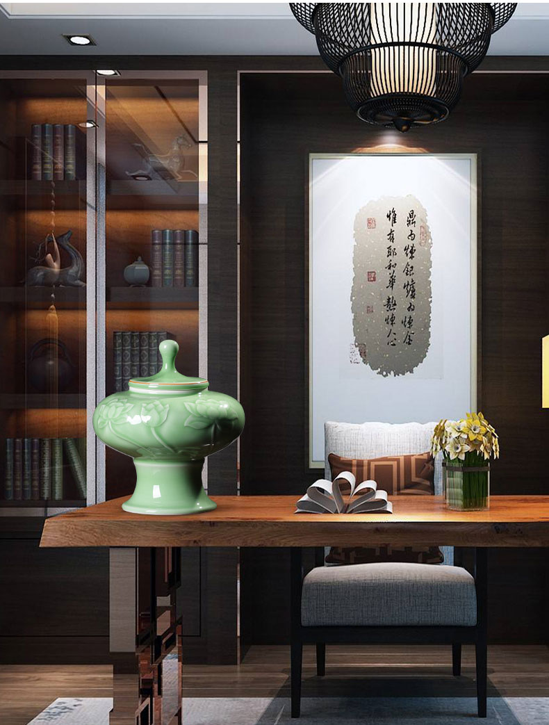 Jingdezhen ceramics craft furnishing articles reliefs green glaze lotus general tank storage tank is a new Chinese style household ornaments