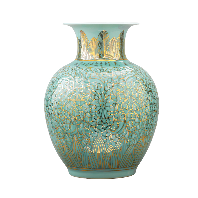 Jingdezhen ceramics vase manual reliefs green glaze decoration paint the living room of Chinese style household office furnishing articles