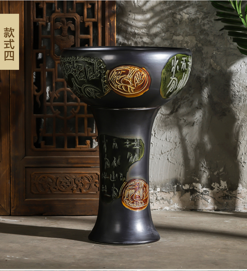 Jingdezhen ceramics pillar landing fish basin large fish bowl lotus lotus lotus tortoise furnishing articles