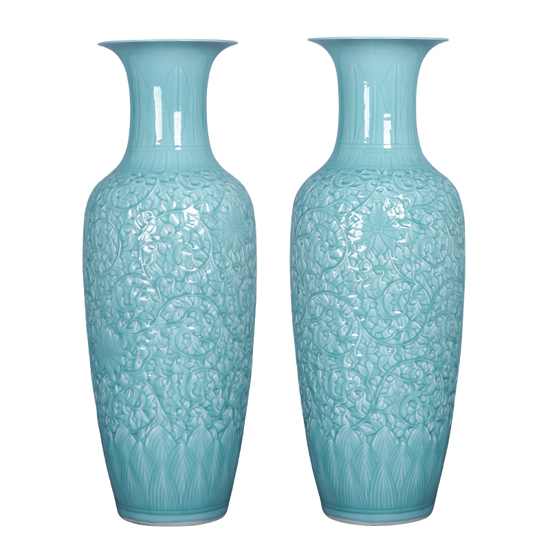 Jingdezhen ceramics craft anaglyph celadon big vase landed furnishing articles large green glaze office sitting room adornment