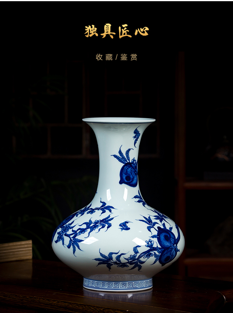 Under the jingdezhen ceramics glaze color blue and white porcelain vase peach hand - made big Chinese sitting room adornment is placed