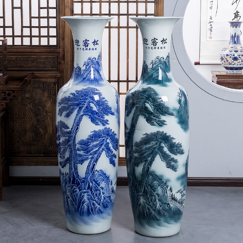 Jingdezhen Ceramic Qinghua Porcelain Greet Guests Pine Landing Large Vase Living Room TV Cabinet Decorated With High Swing Piece Hotel Opening