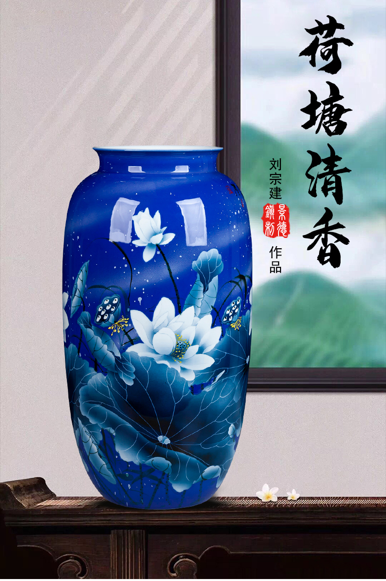 Jingdezhen ceramic bottle water raise high blue and white porcelain vase hand - made lotus lucky bamboo large Chinese style living room furnishing articles