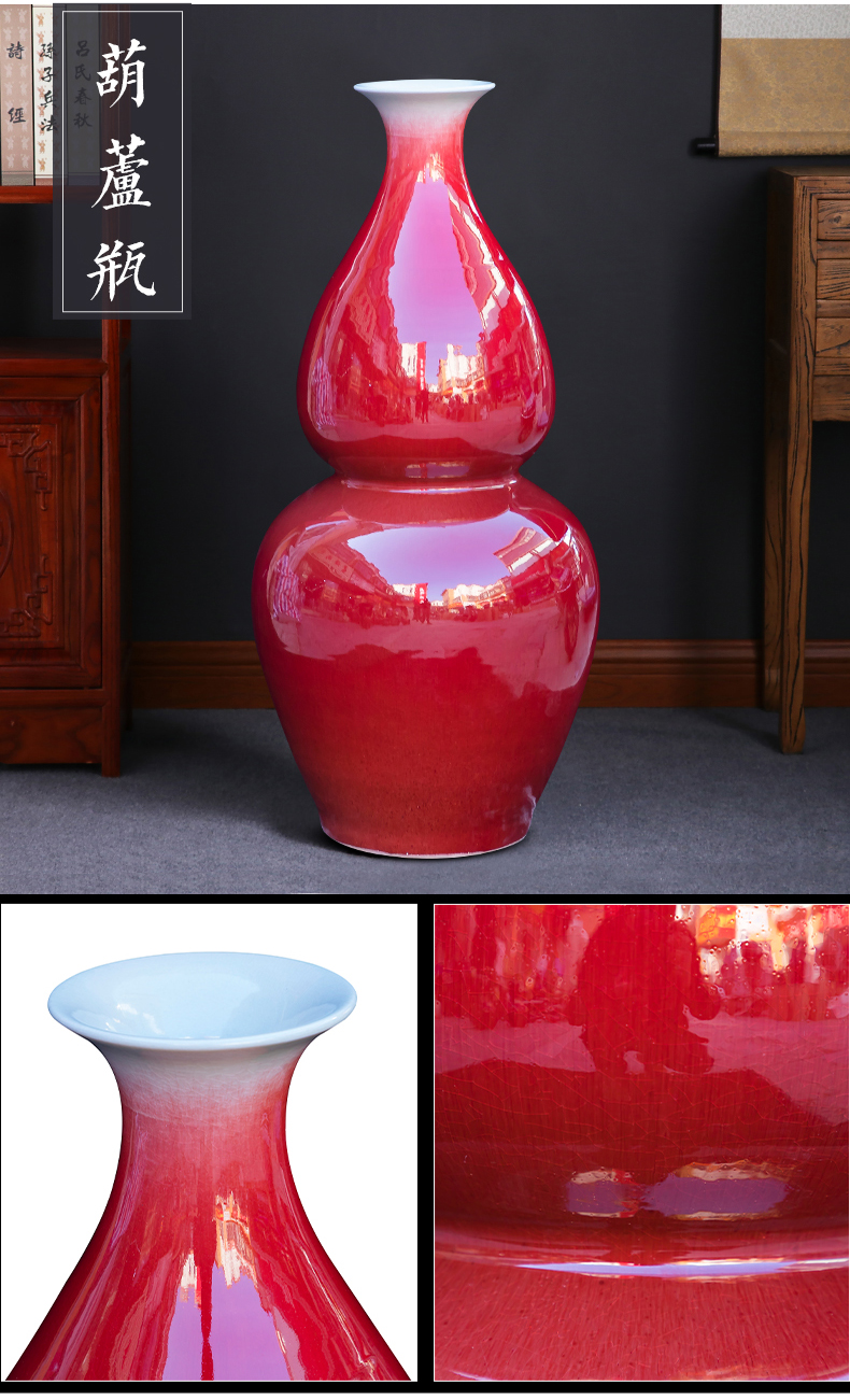 Ruby red up jingdezhen chinaware big vase large gourd bottle landed hotel sitting room adornment is placed