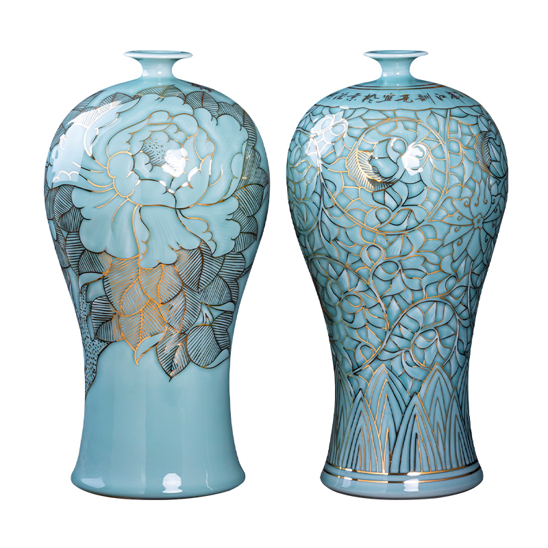 Jingdezhen ceramics hand - made paint celadon vase name plum bottle light and decoration of Chinese style living room decoration floor large furnishing articles