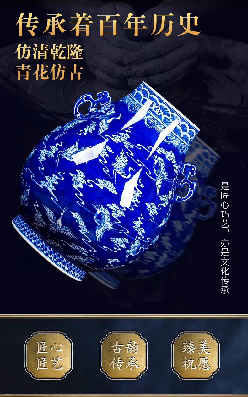 Jingdezhen ceramics hand - made of archaize f barrel of blue and white porcelain vase big ears cranes porcelain decorative furnishing articles