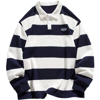 重磅260g空气层POLO衫男长袖翻领T恤潮牌ins宽松落肩加厚条纹卫衣