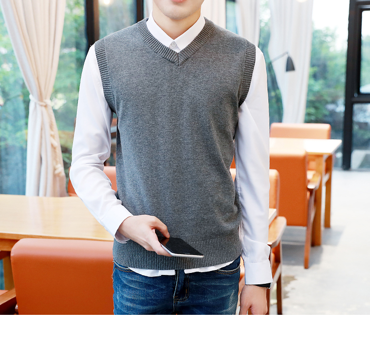 Áo len không tay mùa thu vest nam cotton len len vest thanh niên trai len áo ba lỗ trắng