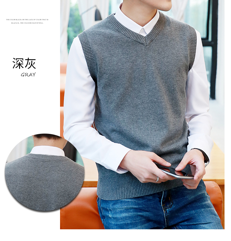 Áo len không tay mùa thu vest nam cotton len len vest thanh niên trai len áo ba lỗ trắng