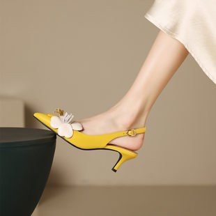 Summer sandals pointed-toe, elegant yellow high heels heels, shoes, genuine leather, flowered, closed toe, open heel