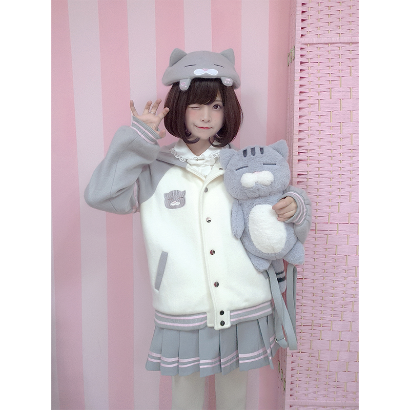 【To Alice】Xiongzhishu Original Cute and Soft Color-Blocked Woolen Baseball Jacket + Pleated Skirt
