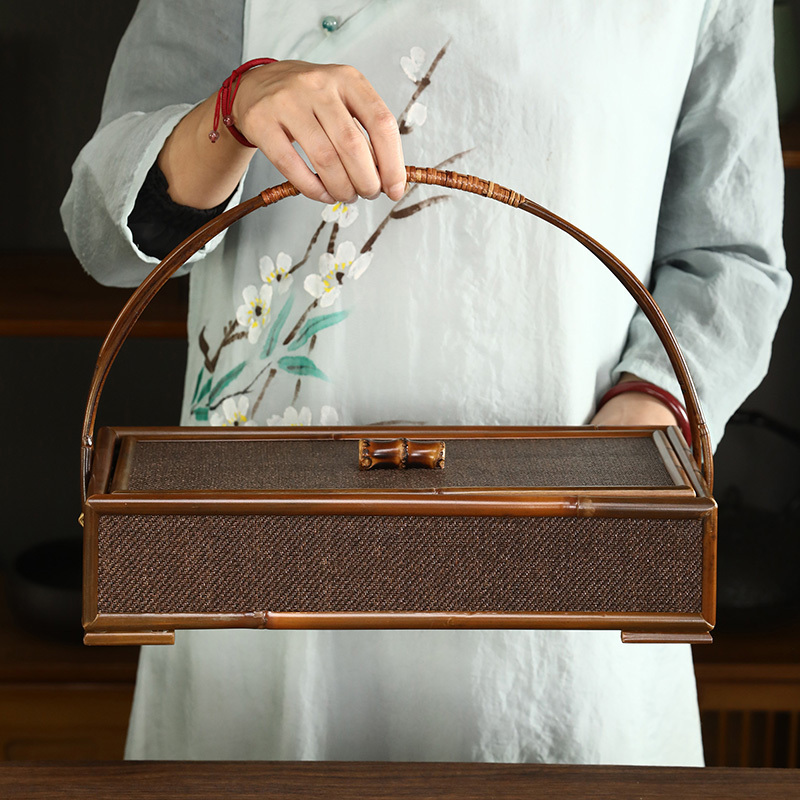 Japanese-Style Mat-Covered Bamboo Tea Box Storage Basket Vintage Tea Set with Lid Portable Box Tea Ceremony Accessories
