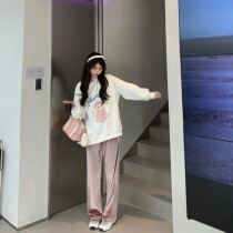 Your home spicy hot halo lala strawberry mousse Super Pink Draw Rope Velvet High Waist Straight Cylinder Wide Leg Casual Pants