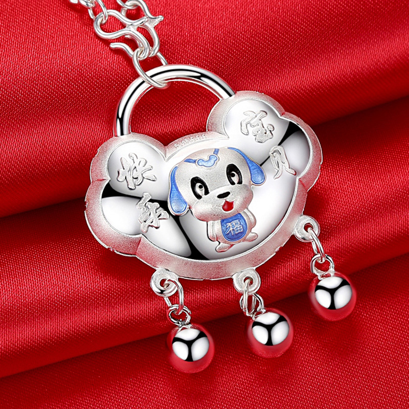 99 sterling silver Zodiac Dog Blessing word Long life lock belt Bell pendant with silver chain Baby baby full moon gift