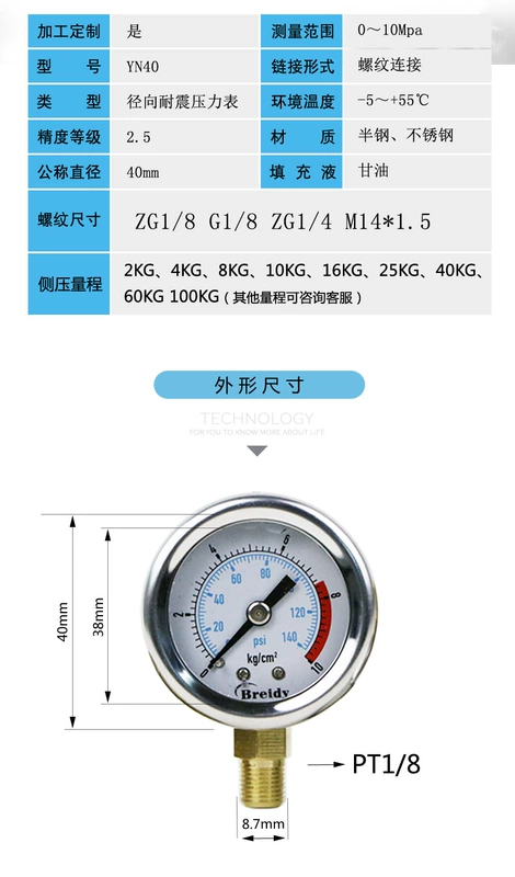 Brady Đồng hồ đo áp suất YN40 thép không gỉ đồng hồ đo áp suất xuyên tâm chống sốc áp suất dầu áp suất nước đa năng đồng hồ đo áp suất