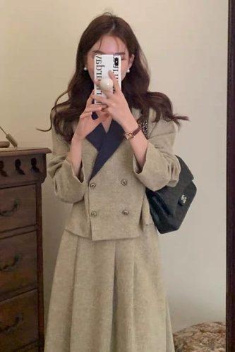 Весенний осенний комплект, ретро костюм, юбка в складку, длинная юбка, в стиле Шанель, французский стиль