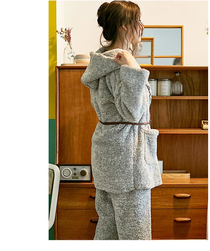 Bộ đồ ngủ của phụ nữ mùa thu và mùa đông cặp đôi dày ấm áp lông cừu san hô trùm đầu eo phụ nữ cà vạt dịch vụ nhà