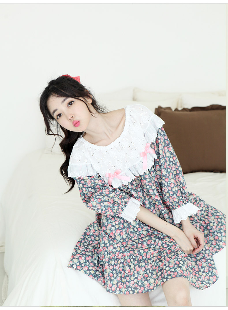 Áo dài phiên bản Hàn Quốc của váy ngủ nữ mùa hè đưa đón bằng vải cotton bảy điểm tay áo cô gái dễ thương váy ren dịch vụ nhà tươi váy đầm mùa đông