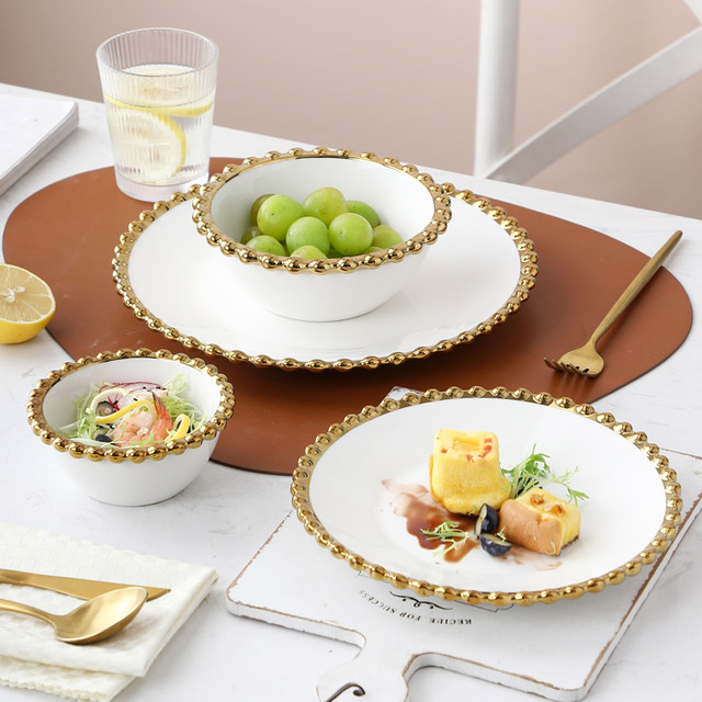 ຈານສ້າງສັນແບບ Nordic bead-dot gold-rimmed plate ins-style steak dinner plate dessert plate home dish plate ceramic salad bowl