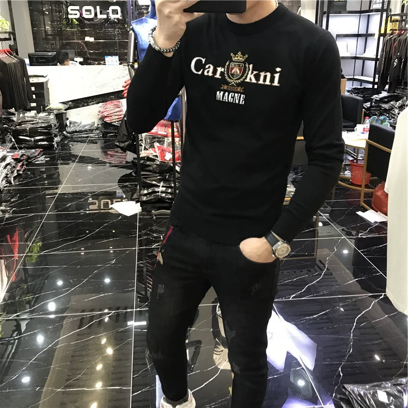 Áo len nam mùa đông dày áo len thêu mỏng chạm đáy cashmere