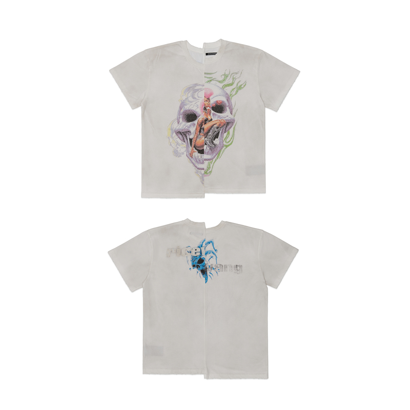 Ricewang 26Ss Asymmetrical Staggered Upper and Lower Panels with Printed Distressed Short Sleeves Ricewang 26Ss Asymmetrical Staggered Upper and Lower Panels with Printed Distressed Short Sleeves