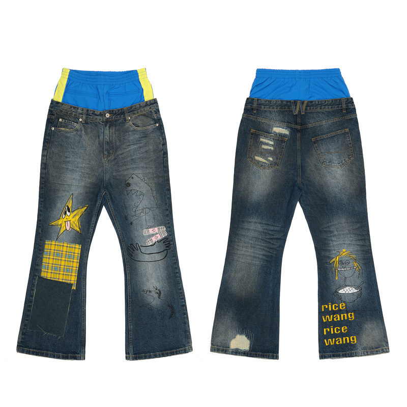 Ricewang 26Fw Blue Double-Waist Graffiti Plaid Jeans