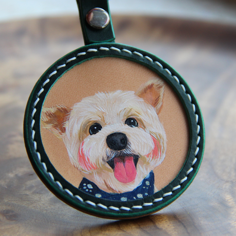 Original Genuine Leather Custom Photo Hand-painted Pet Memorial Card Matchdog Kirky Key Button Bag Hang Up Short Cat Card Gift