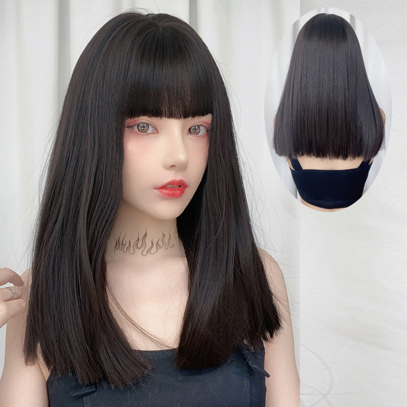 Wig woman lisa comic bangs long hair one-size-fits-all bangs medium long hair Net red black long straight hair full head cover