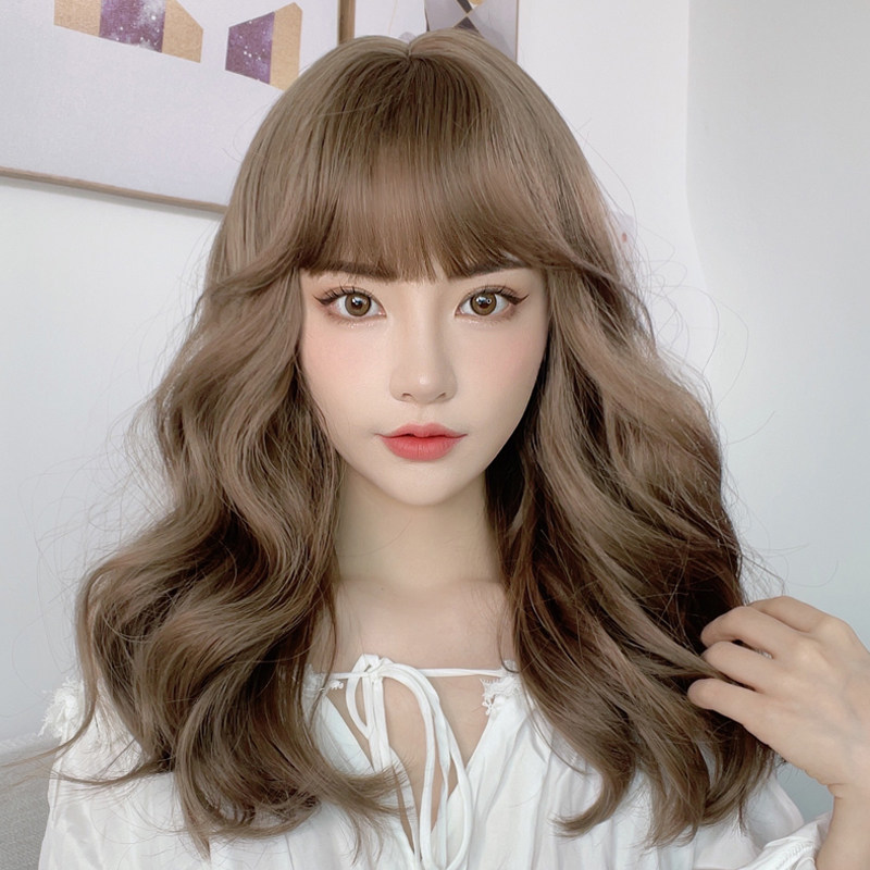 Wig woman long hair Natural full head cover long curly hair Air bangs net red style fluffy fashion medium long hair