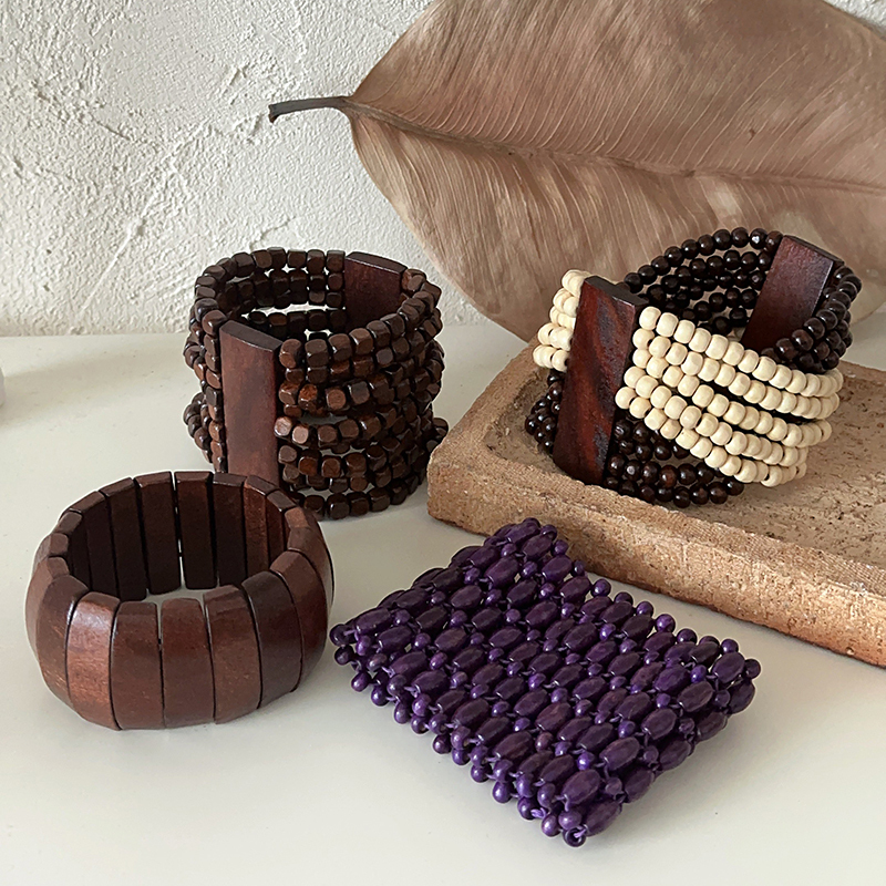 25Summer Retro Tribal Style Wooden Elastic Large Bracelet Bohemian Style Handmade Wooden Bead Exaggerated Bracelet