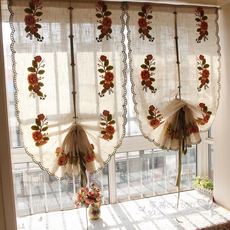 Velcro Finished Curtains Made of Cotton and Linen, No-Drill Bay Window Lift-Up Roman Blinds, American-Style Blackout Living Room Partition Curtains