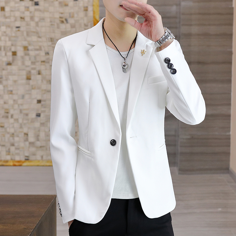 Men's Small Suit, Korean Style, Slim Fit, Solid Color Top, Stylish Casual Single Suit Set, Trendy Spring and Autumn Student Jacket