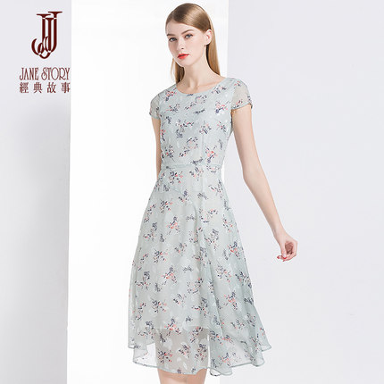 经典故事女装夏季2018新款圆领短袖雪纺印花