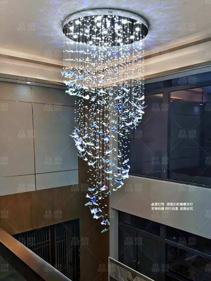 Modern Light Luxury Butterfly Crystal Chandelier for Duplexes, Large Chandelier with Three-Color Spiral Design for Villa Living Room Lighting