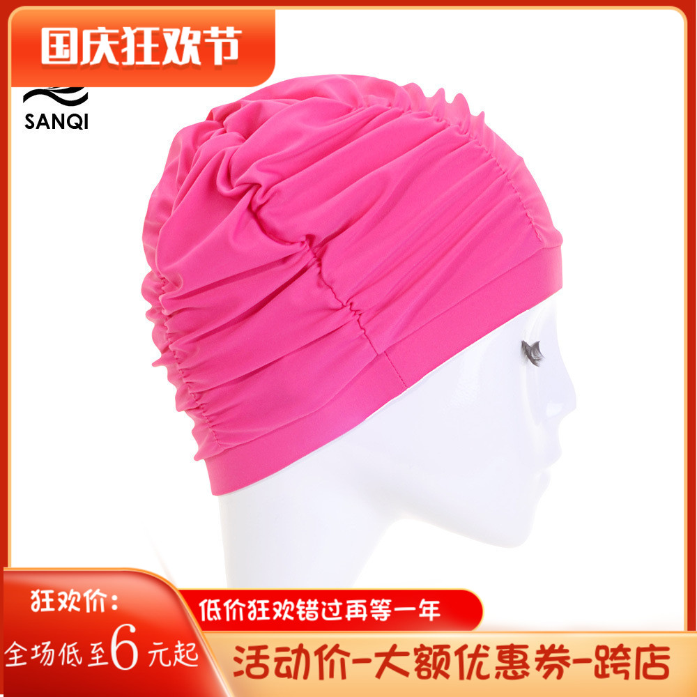 Sanqi fashion long hair handmade pleated petals ear protection cute swimming cap women's large not strangled swimming cloth hat
