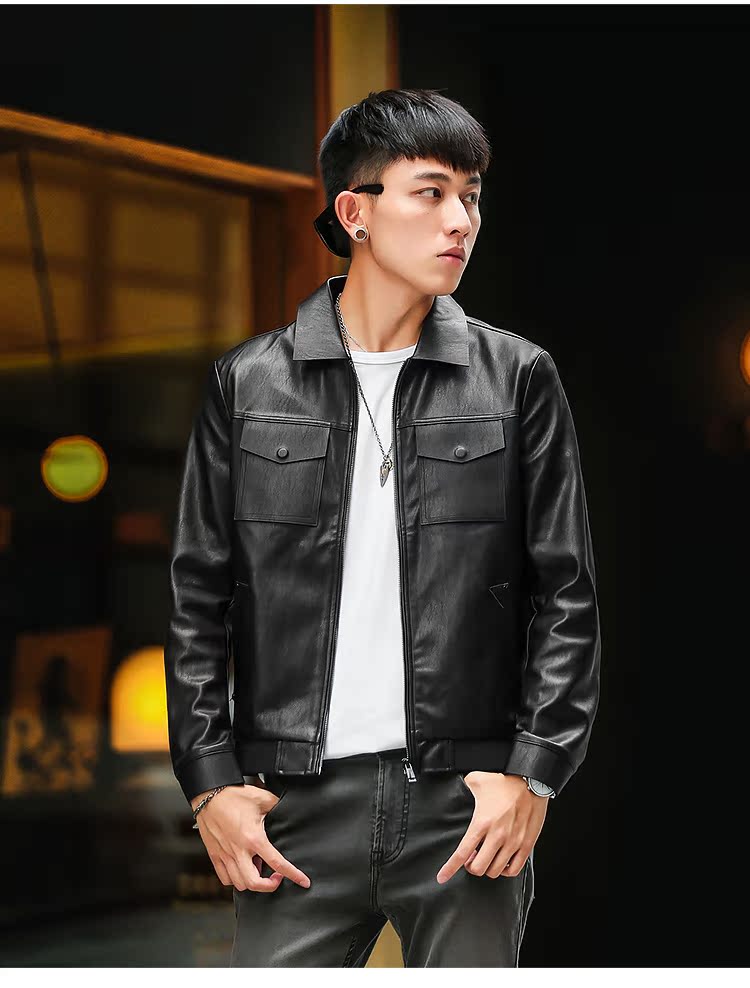Vải huyền thoại ve áo da nam Slim phiên bản Hàn Quốc của xu hướng đẹp trai trẻ màu đen xe máy áo khoác da áo jean nam