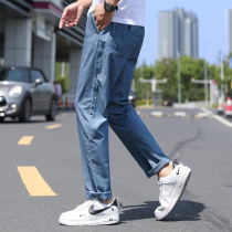 Commoner legend summer light cotton jeans mens Korean version of the trend loose straight trousers lace-up daddy pants