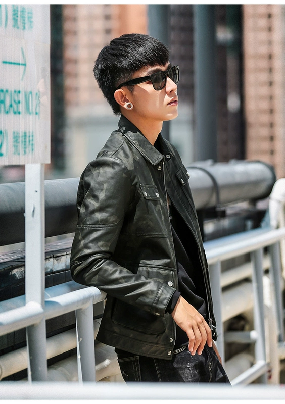 Huyền thoại vải 2018 mới ngụy trang retro ve áo bằng da nam phiên bản Hàn Quốc của chiếc áo khoác đẹp trai bị rò rỉ áo khoác thủy triều măng tô nam