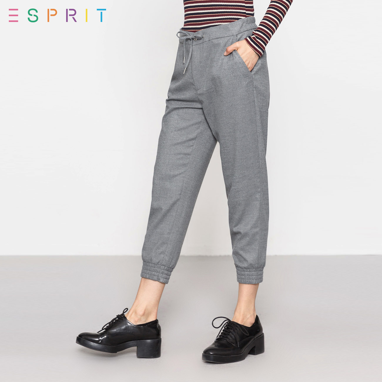 ESPRIT EDC女装2018春新品纯色系带款休闲九分裤-127CC1B041