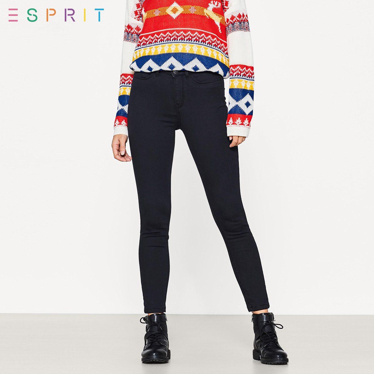 ESPRIT EDC女装2018春新品纯色修身款小脚牛仔裤-127CC1B022